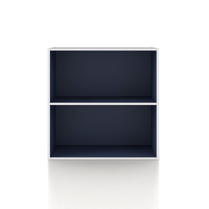 Front facing durable modern two-shelf steel blue storage bookcase on a white background
