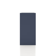 Front facing side view of a durable modern two-shelf steel blue storage bookcase on a white background