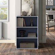 Front facing durable modern three-shelf steel blue storage bookcase in a larger modular configuration in a room with accessories