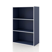 Left facing durable modern three-shelf steel blue storage bookcase on a white background