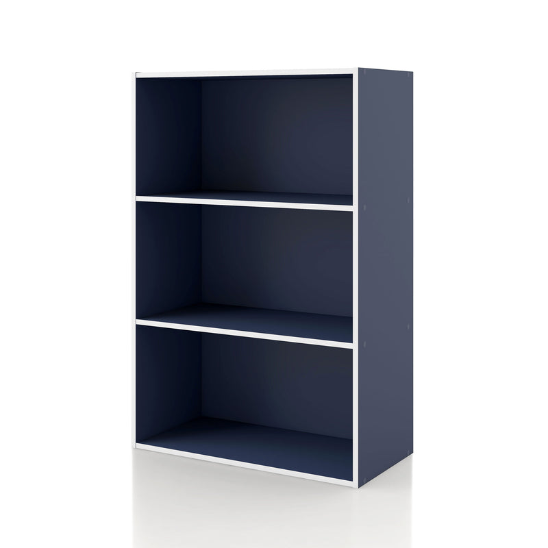 Left facing durable modern three-shelf steel blue storage bookcase on a white background