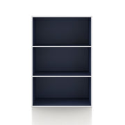 Front facing durable modern three-shelf steel blue storage bookcase on a white background