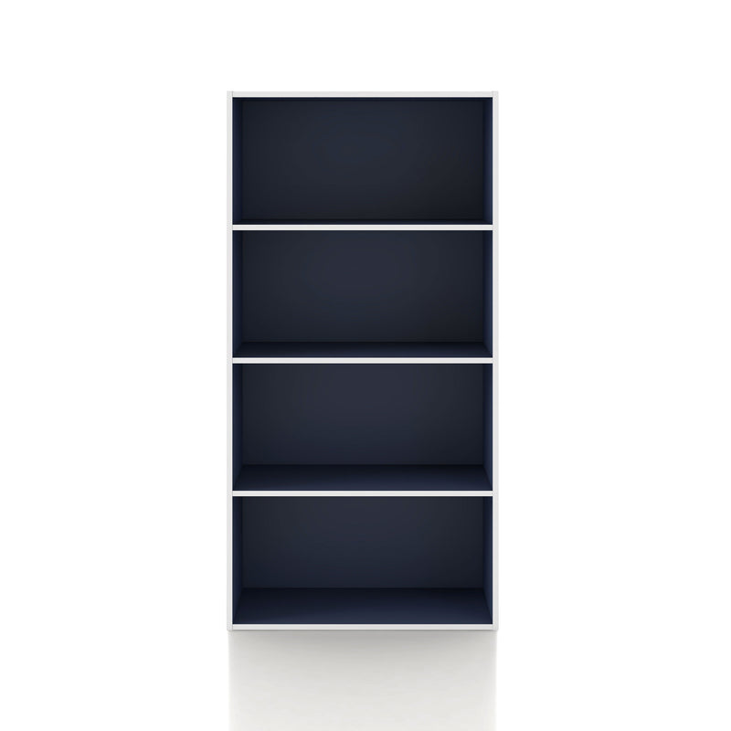 Front facing durable modern four-shelf steel blue storage bookcase on a white background