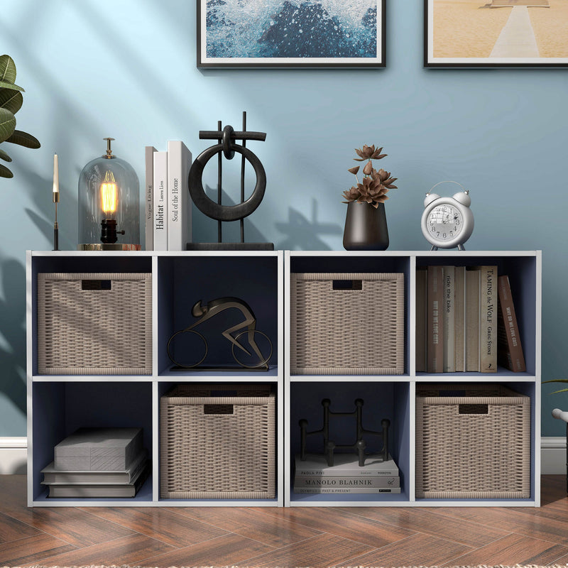 Front facing durable modern four-cubby steel blue storage bookcase as part of a larger modular configuration in a room with accessories