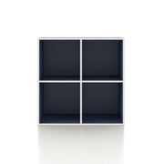 Front facing durable modern four-cubby steel blue storage bookcase on a white background