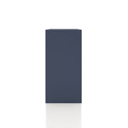 Front facing side view of a durable modern four-cubby steel blue storage bookcase on a white background