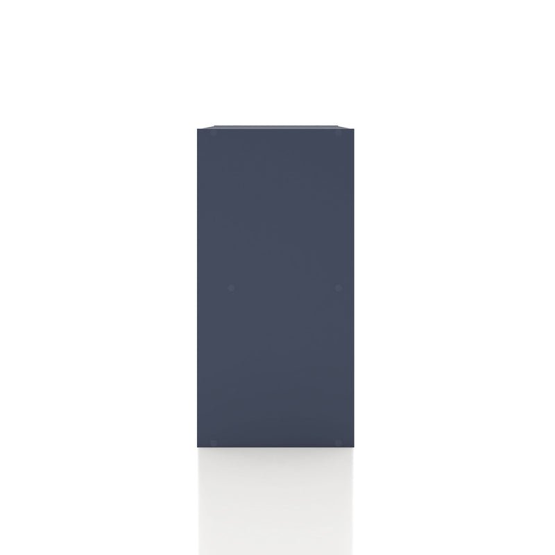 Front facing side view of a durable modern four-cubby steel blue storage bookcase on a white background