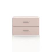 Front facing modern two-drawer light pink storage cabinet with silver handles on a white background