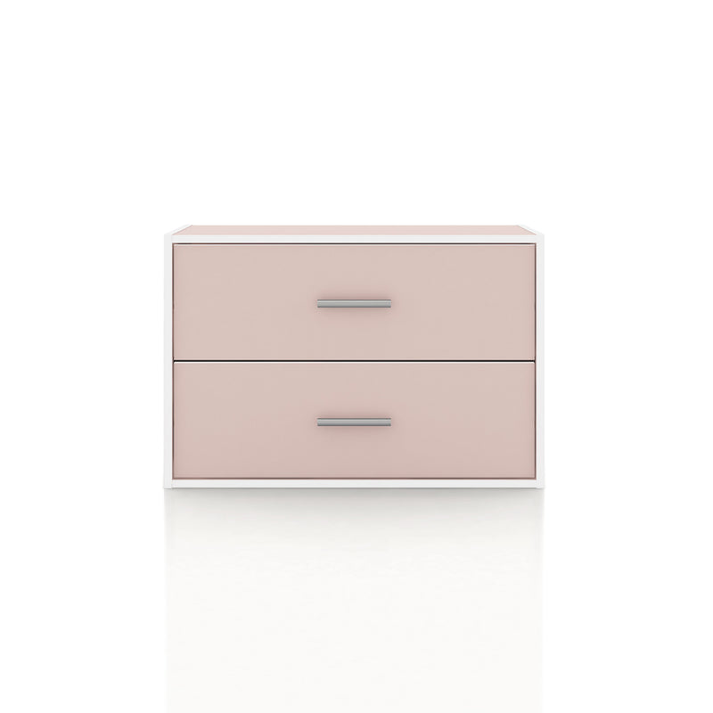 Front facing modern two-drawer light pink storage cabinet with silver handles on a white background