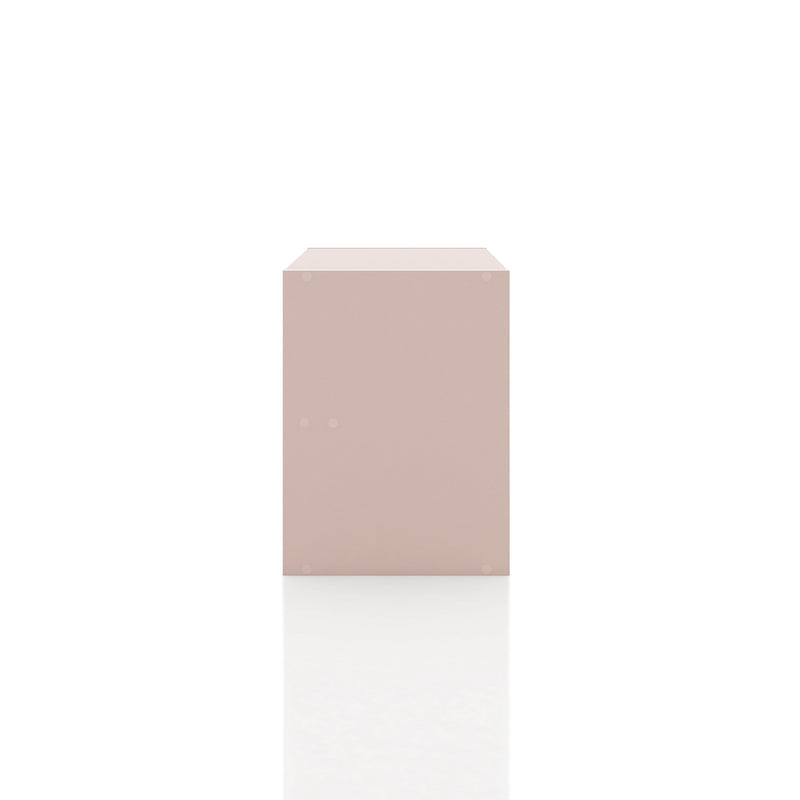 Front facing side view of a modern two-drawer light pink storage cabinet with silver handles on a white background