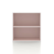 Front facing durable modern two-shelf light pink storage bookcase on a white background