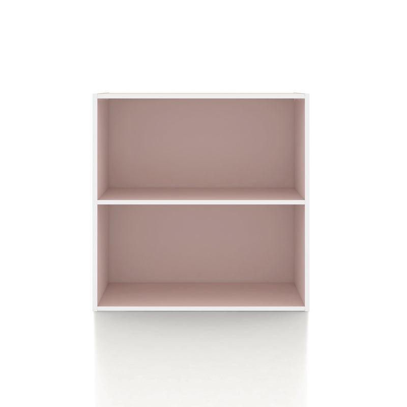 Front facing durable modern two-shelf light pink storage bookcase on a white background