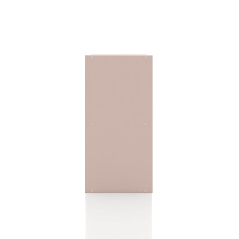 Front facing side view of a durable modern two-shelf light pink storage bookcase on a white background