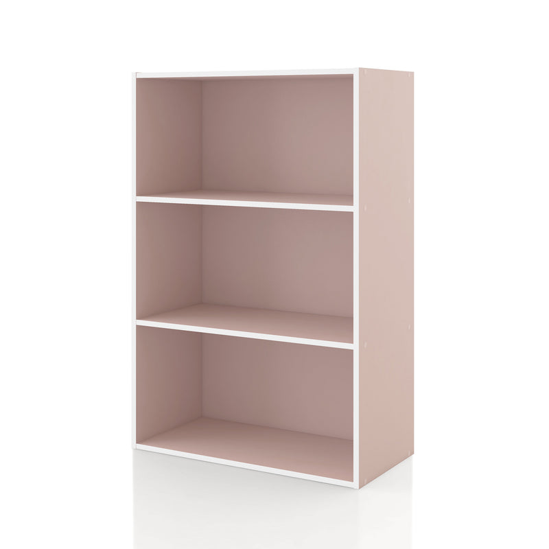 Left facing durable modern three-shelf light pink storage bookcase on a white background