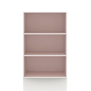 Front facing durable modern three-shelf light pink storage bookcase on a white background