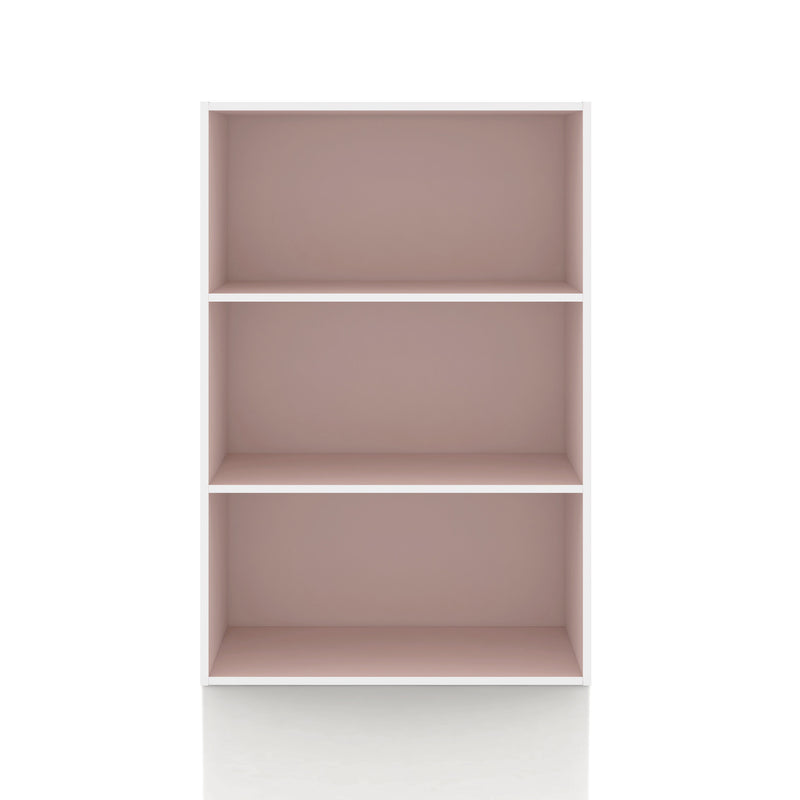 Front facing durable modern three-shelf light pink storage bookcase on a white background