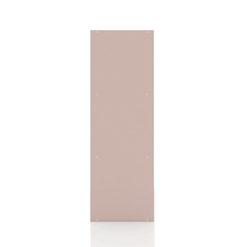 Front facing side view of a durable modern three-shelf light pink storage bookcase on a white background
