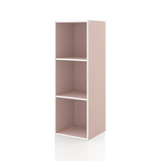 Left facing durable modern three-shelf slim light pink storage bookcase on a white background