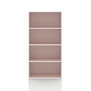 Front facing durable modern four-shelf light pink storage bookcase on a white background