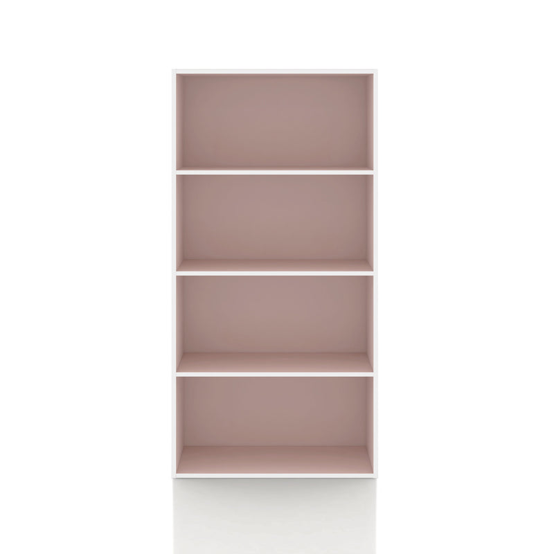 Front facing durable modern four-shelf light pink storage bookcase on a white background