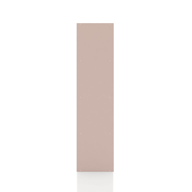 Front facing side view of a durable modern four-shelf light pink storage bookcase on a white background