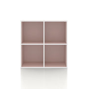 Front facing durable modern four-cubby light pink storage bookcase on a white background