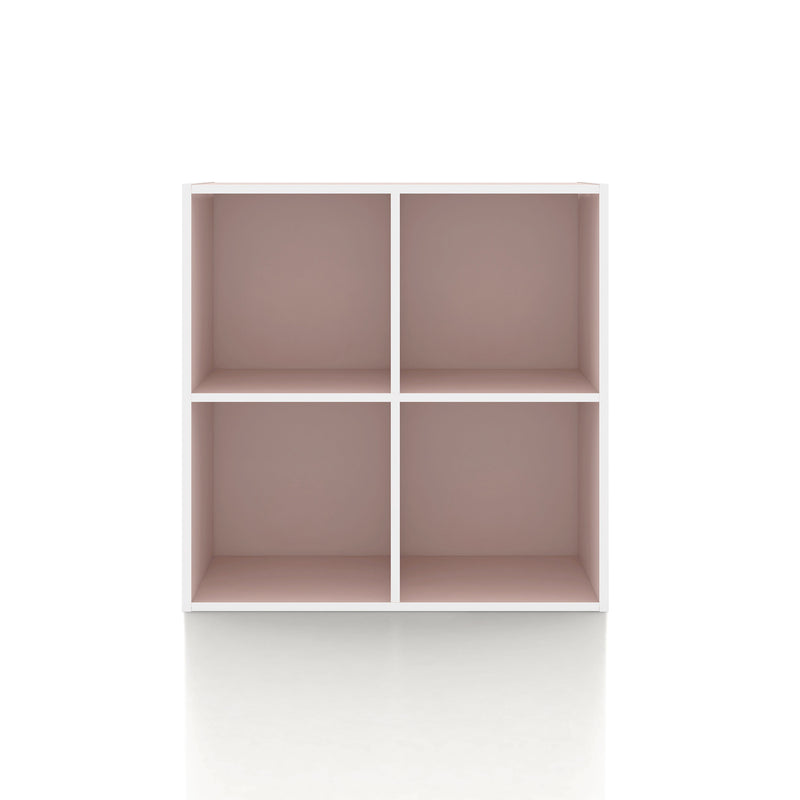 Front facing durable modern four-cubby light pink storage bookcase on a white background