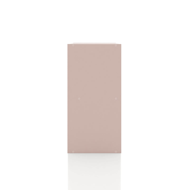 Front facing side view of a durable modern four-cubby light pink storage bookcase on a white background