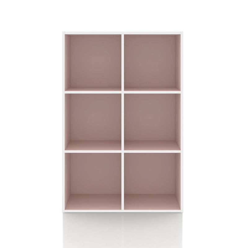 Front facing durable modern six-cubby light pink storage bookcase on a white background