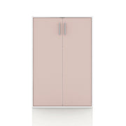 Front facing durable modern two-door light pink storage cabinet with silver handles on a white background