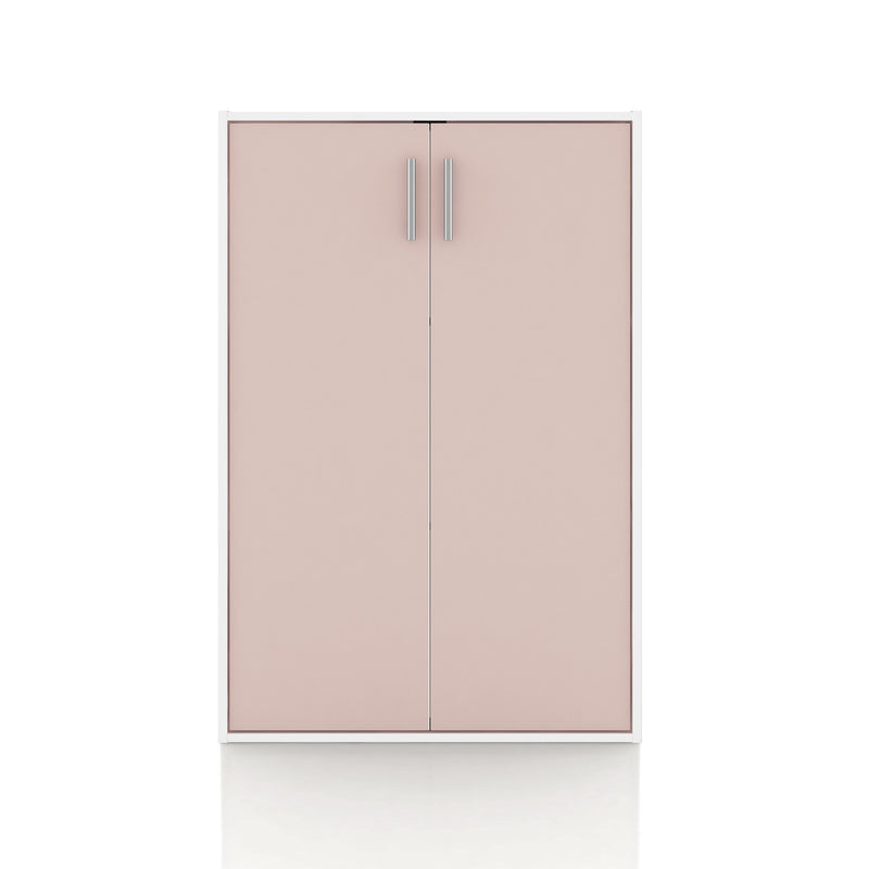 Front facing durable modern two-door light pink storage cabinet with silver handles on a white background
