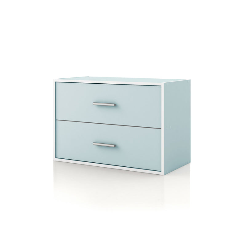Left facing modern two-drawer light blue storage cabinet with silver handles on a white background