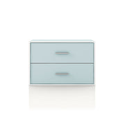 Front facing modern two-drawer light blue storage cabinet with silver handles on a white background