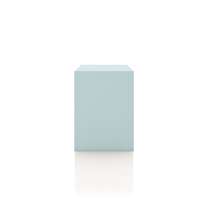 Front facing side view of a modern two-drawer light blue storage cabinet with silver handles on a white background