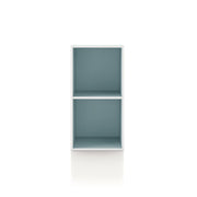 Front facing durable modern two-shelf slim light blue bookcase on a white background