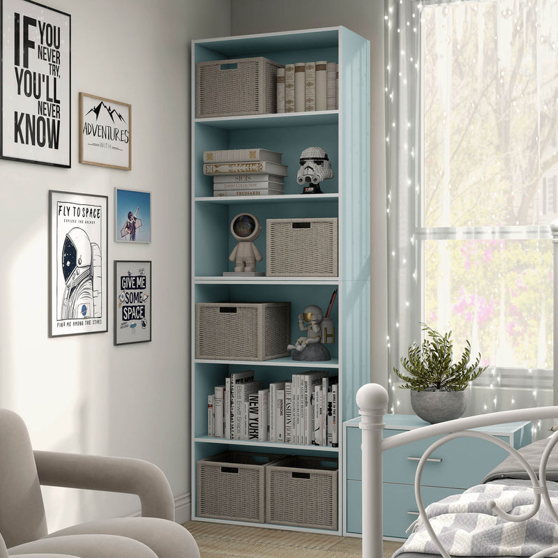 Left facing durable modern three-shelf light blue storage bookcase in a larger modular configuration in a room with accessories