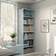 Right facing durable modern three-shelf light blue storage bookcase in a larger modular configuration in a room with accessories