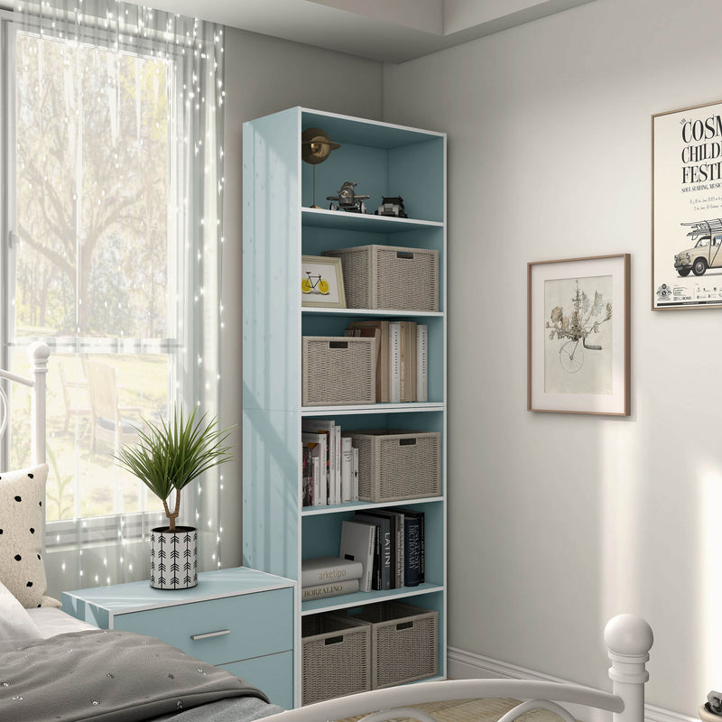 Right facing durable modern three-shelf light blue storage bookcase in a larger modular configuration in a room with accessories