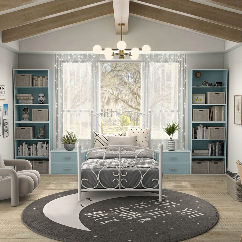 Front facing durable modern three-shelf light blue storage bookcase in a larger modular configuration in a room with accessories