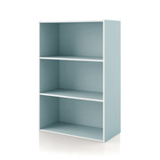 Left facing durable modern three-shelf light blue storage bookcase on a white background