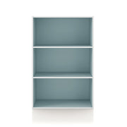 Front facing durable modern three-shelf light blue storage bookcase on a white background