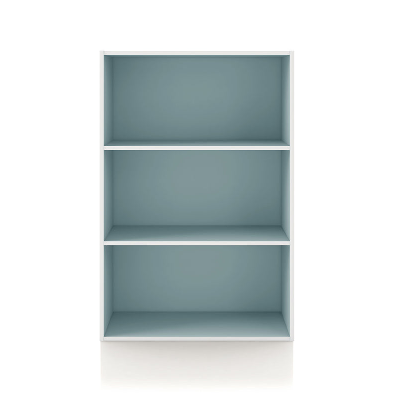 Front facing durable modern three-shelf light blue storage bookcase on a white background