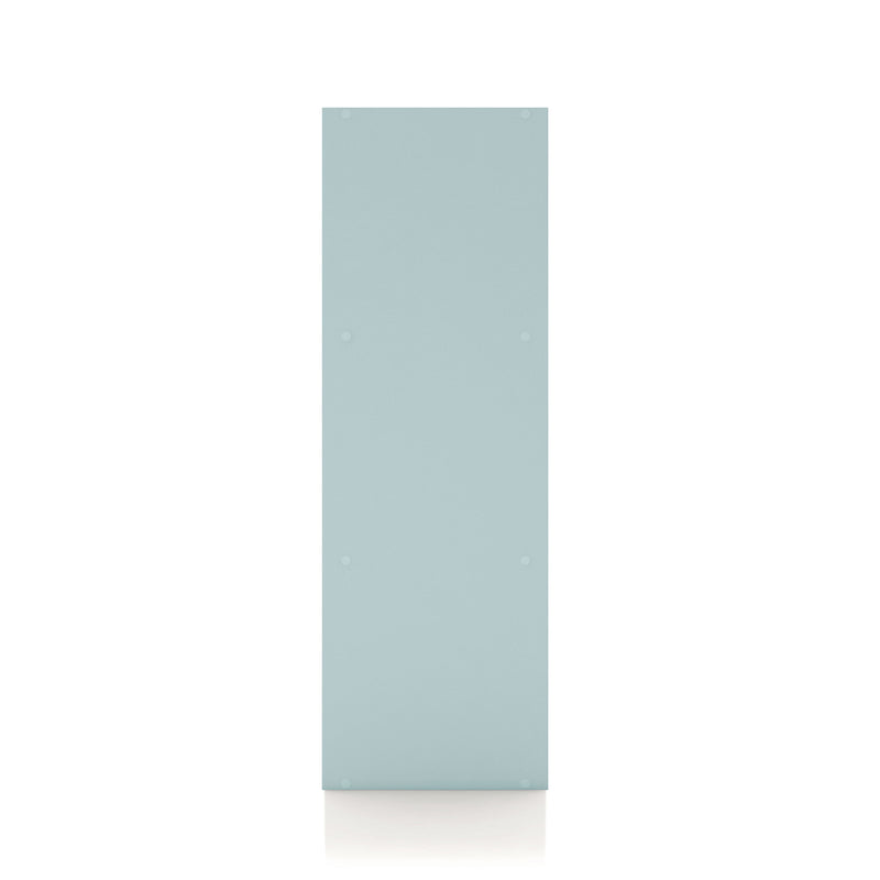 Front facing side view of a durable modern three-shelf light blue storage bookcase on a white background