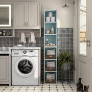 Front facing durable modern three-shelf slim light blue storage bookcase in a larger modular configuration in a room with accessories