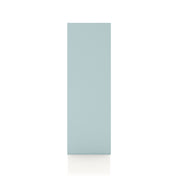Front facing side view of a durable modern three-shelf slim light blue storage bookcase on a white background