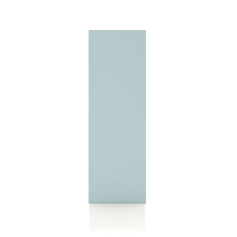 Front facing side view of a durable modern three-shelf slim light blue storage bookcase on a white background
