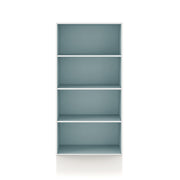 Front facing durable modern four-shelf light blue storage bookcase on a white background