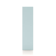 Front facing side view of a durable modern four-shelf light blue storage bookcase on a white background