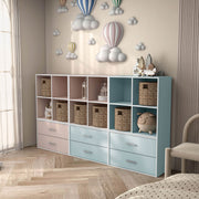 Left facing durable modern four-cubby light blue storage bookcase as part of a larger modular configuration in a room with accessories