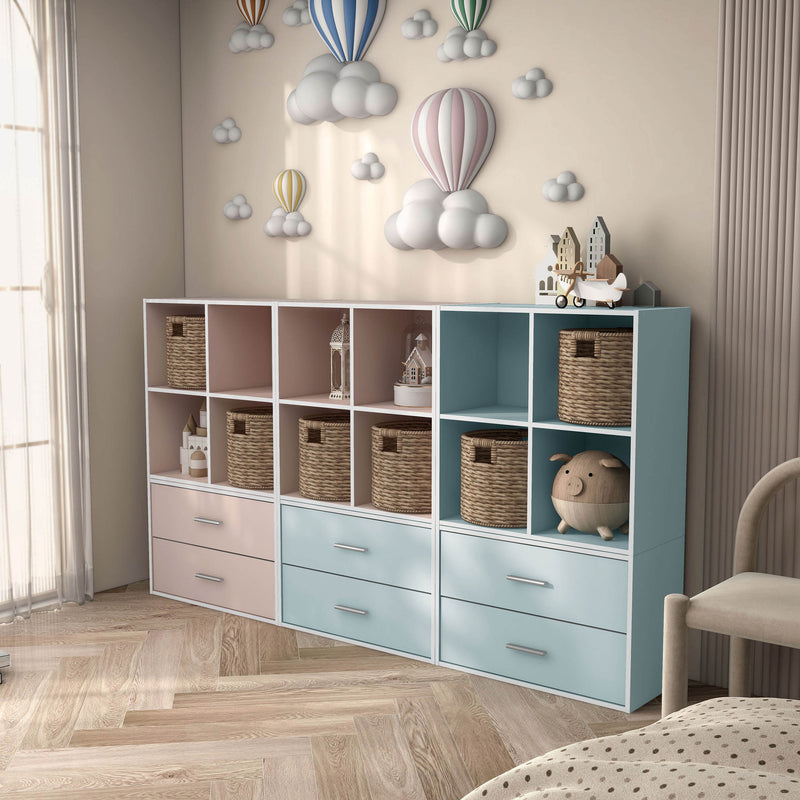 Left facing durable modern four-cubby light blue storage bookcase as part of a larger modular configuration in a room with accessories